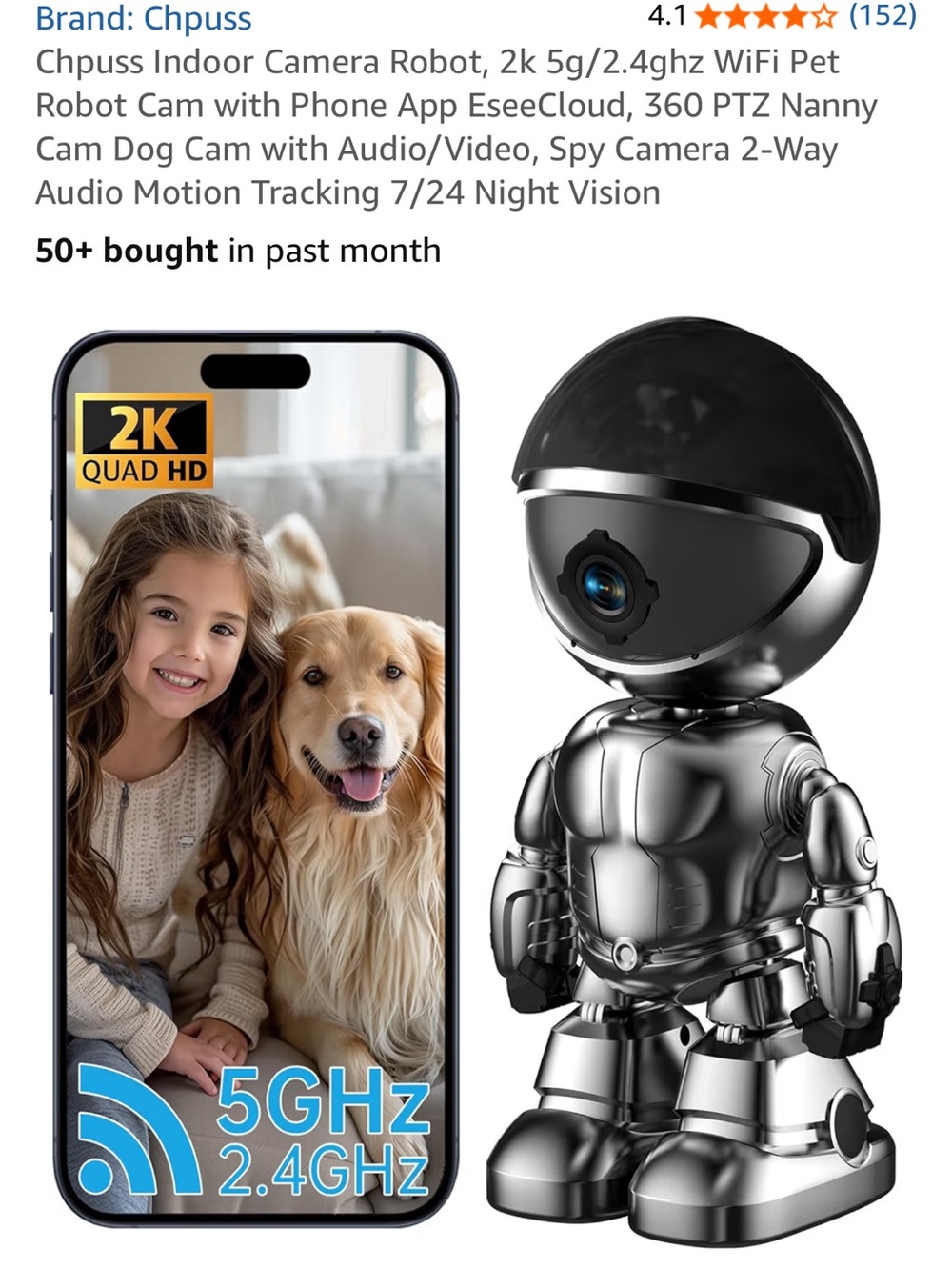 Silver Robot Indoor Wi‑Fi Security Camera - 2K PTZ
